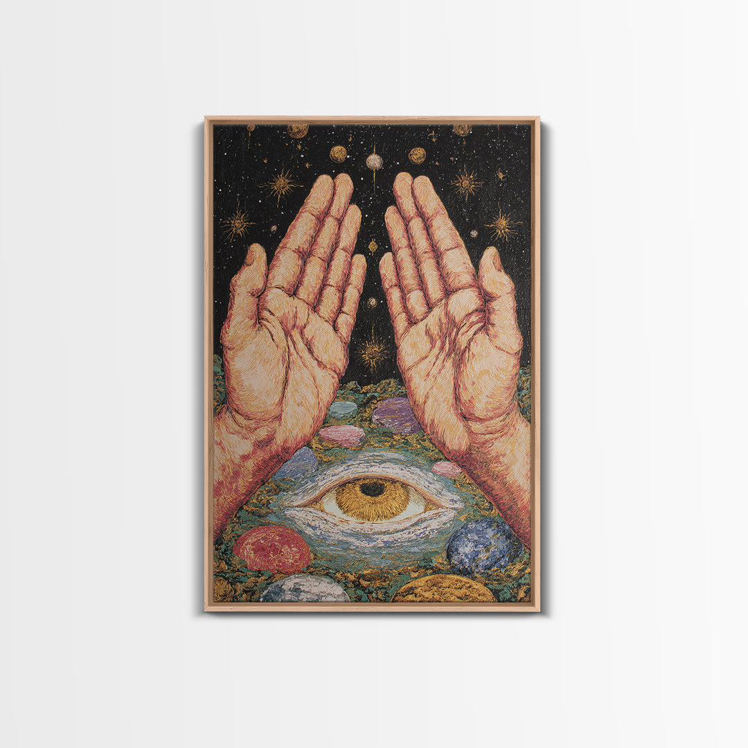 Mystic Open Hands Above All Seeing Eye And Planets Wall Art, Spiritual Meditation Decor, Surreal Occult Unique Home Art Gift