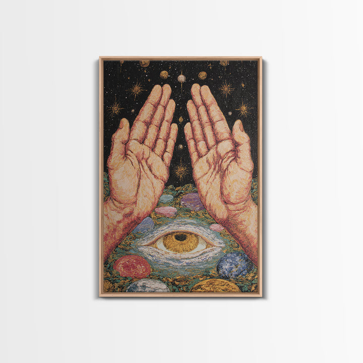 Mystic Open Hands Above All Seeing Eye And Planets Wall Art, Spiritual Meditation Decor, Surreal Occult Unique Home Art Gift