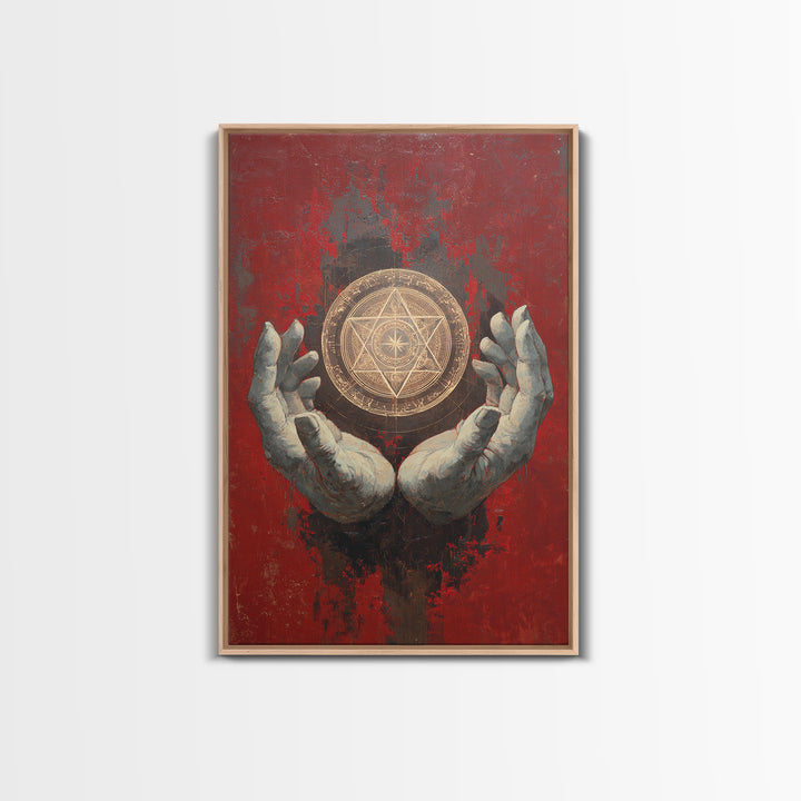 Golden Sacred Geometry In Weathered Hands Wall Art, Mystical Abstract Canvas, Spiritual Home Decor, Red And Gold Artwork