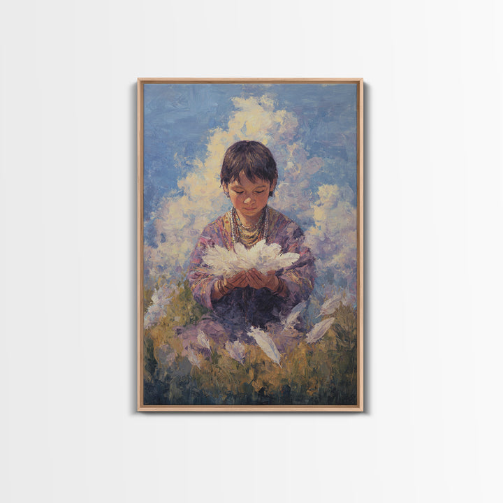 Quiet Child Holding White Feathers Framed Canvas Print, Dreamy Portrait Wall Art, Spiritual Home Decor, Gift For Kids, Soft Blue Painting