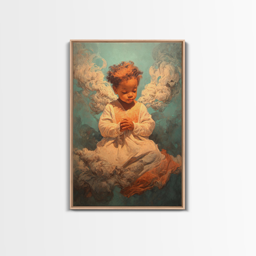 Praying Black Child In Clouds Canvas Print, Angelic Spiritual Wall Art, Dreamy Portrait Decor, Black Beauty Gift For Her
