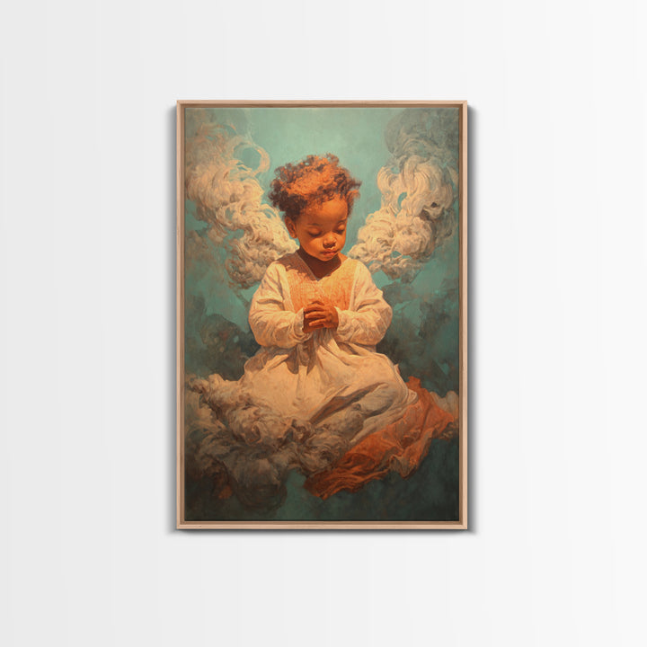 Praying Black Child In Clouds Canvas Print, Angelic Spiritual Wall Art, Dreamy Portrait Decor, Black Beauty Gift For Her