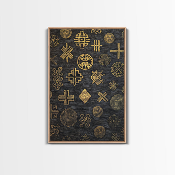 Gold Adinkra Symbols On Black Canvas Print, African Patterns Wall Decor, Tribal Art Print, Cultural Home Decor For Living Room