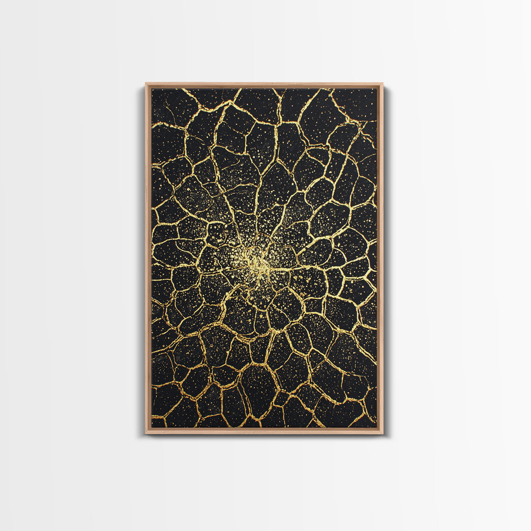 Black And Gold Cracked Floral Mandala Wall Art, Abstract Geometric Canvas, Luxury Home Decor, Statement Piece Gift For Living Room