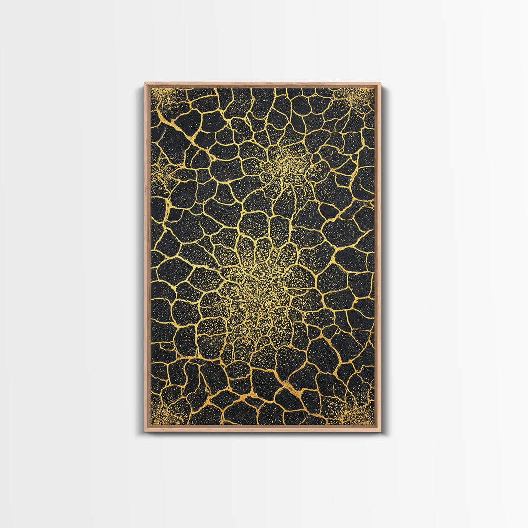 Gold Botanical Crackle Pattern Canvas Print, Black Abstract Wall Art, Geometric Floral Decor, Luxury Statement Piece For Modern Home