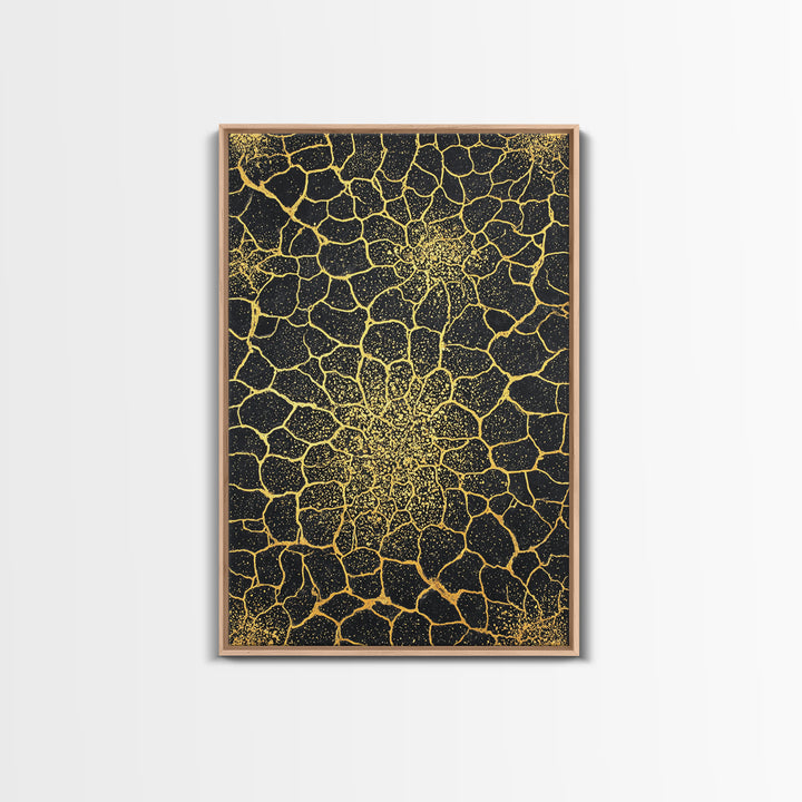 Gold Botanical Crackle Pattern Canvas Print, Black Abstract Wall Art, Geometric Floral Decor, Luxury Statement Piece For Modern Home