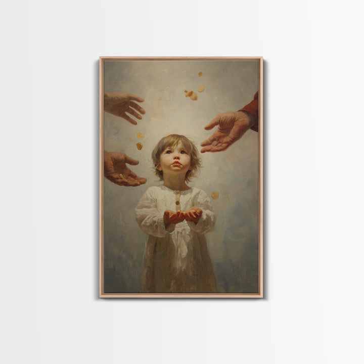 Wide Eyed Child Receiving Coins Framed Canvas Print, Classic Portrait Wall Art, Meaningful Gift, Soft Neutral Home Decor