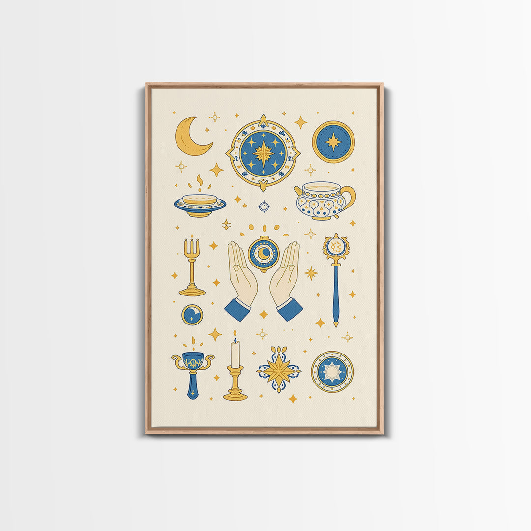 Blue Gold Celestial Symbols With Moon Hands And Stars Wall Art, Mystical Spiritual Boho Decor, Elegant Gallery Canvas Print