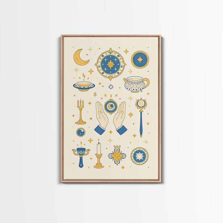 Blue Gold Celestial Symbols With Moon Hands And Stars Wall Art, Mystical Spiritual Boho Decor, Elegant Gallery Canvas Print