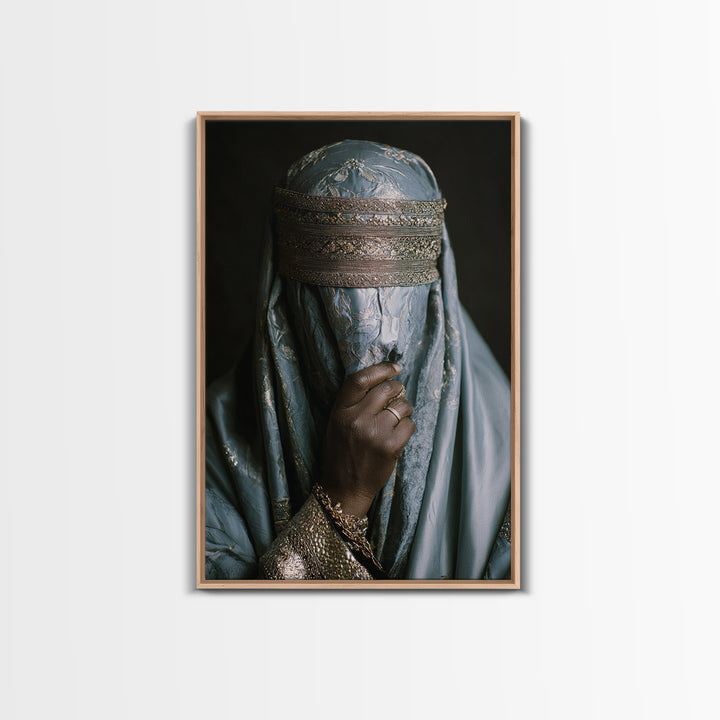 Blue Gold Veiled African Woman Portrait Framed Canvas Print, Luxury Afrocentric Wall Decor, Cultural Photography Fine Art