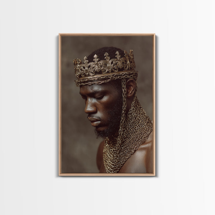 Profile Of Black King In Gold Crown And Chains Wall Art, African American Royal Portrait, Luxury Black Culture Decor Gift