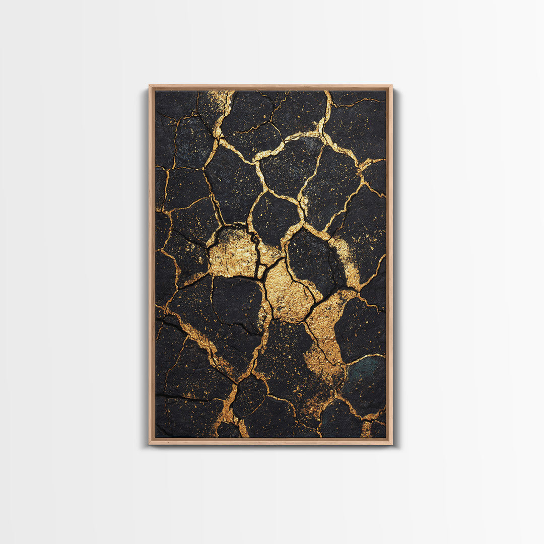 Black And Gold Cracked Earth Abstract Wall Art, Kintsugi Texture Modern Canvas Print, Luxury Earth Tone Statement Home Decor