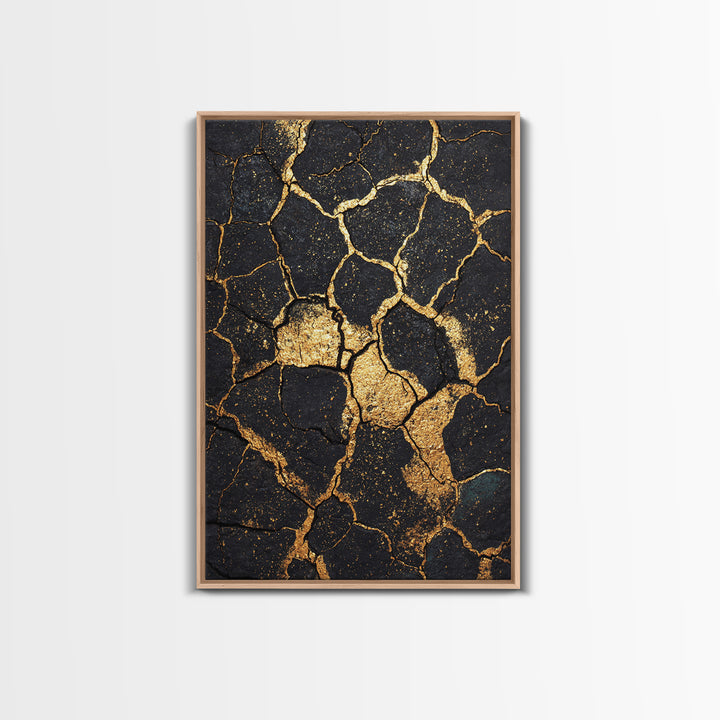 Black And Gold Cracked Earth Abstract Wall Art, Kintsugi Texture Modern Canvas Print, Luxury Earth Tone Statement Home Decor