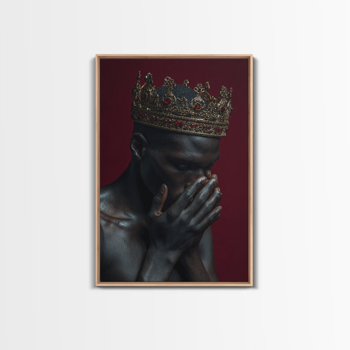 Praying Black King With Ruby Gold Crown Wall Art, African American Royal Portrait, Spiritual Black Culture Home Decor Gift