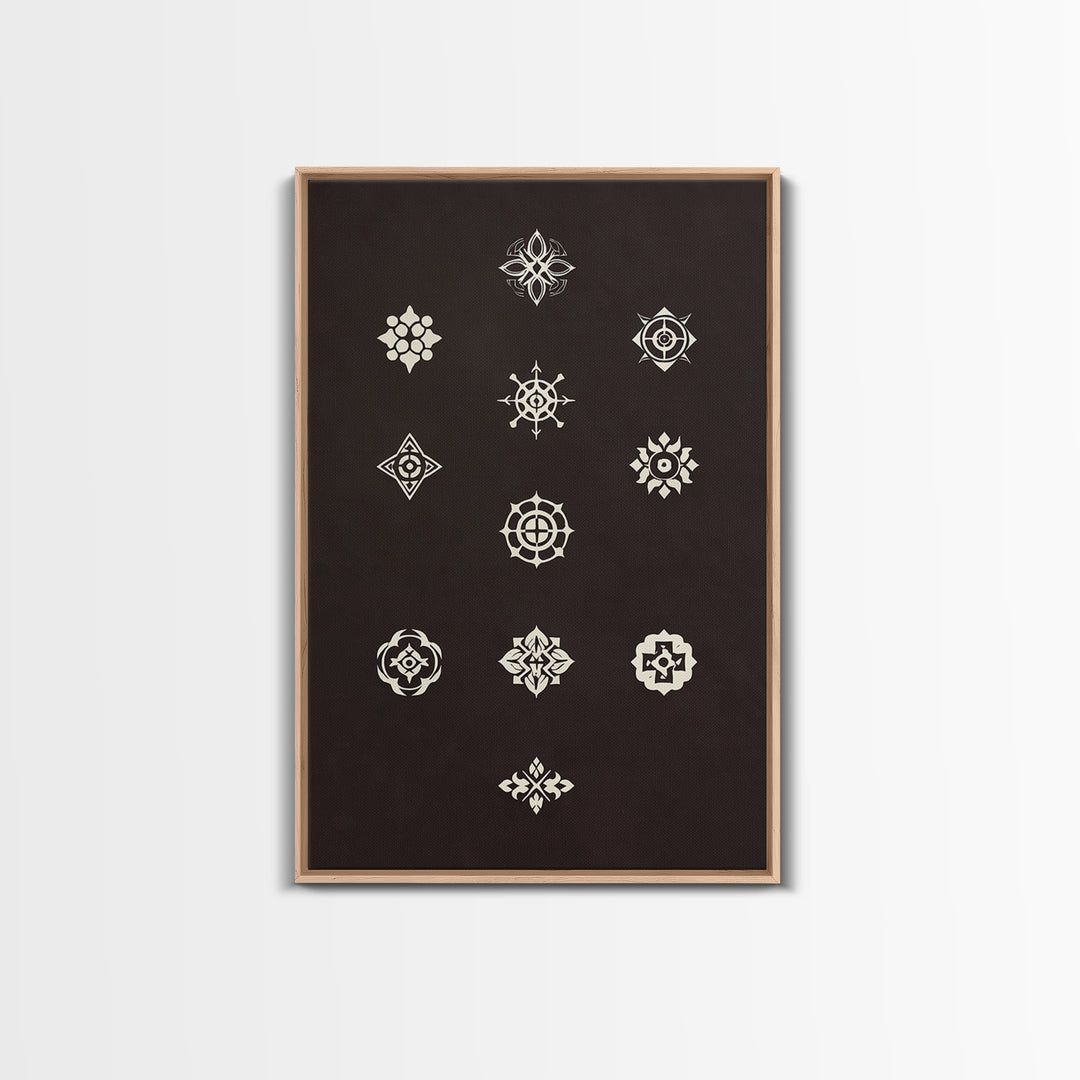 Cream Sacred Geometric Symbols On Dark Brown Wall Art, Minimalist Spiritual Pattern Canvas Print, Boho Meditation Home Decor