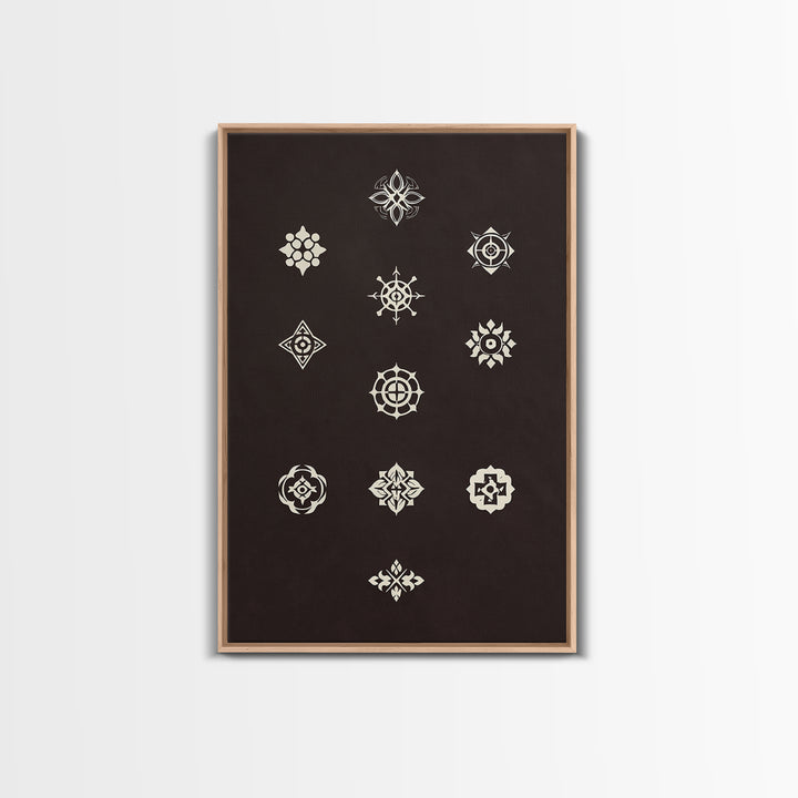 Cream Sacred Geometric Symbols On Dark Brown Wall Art, Minimalist Spiritual Pattern Canvas Print, Boho Meditation Home Decor