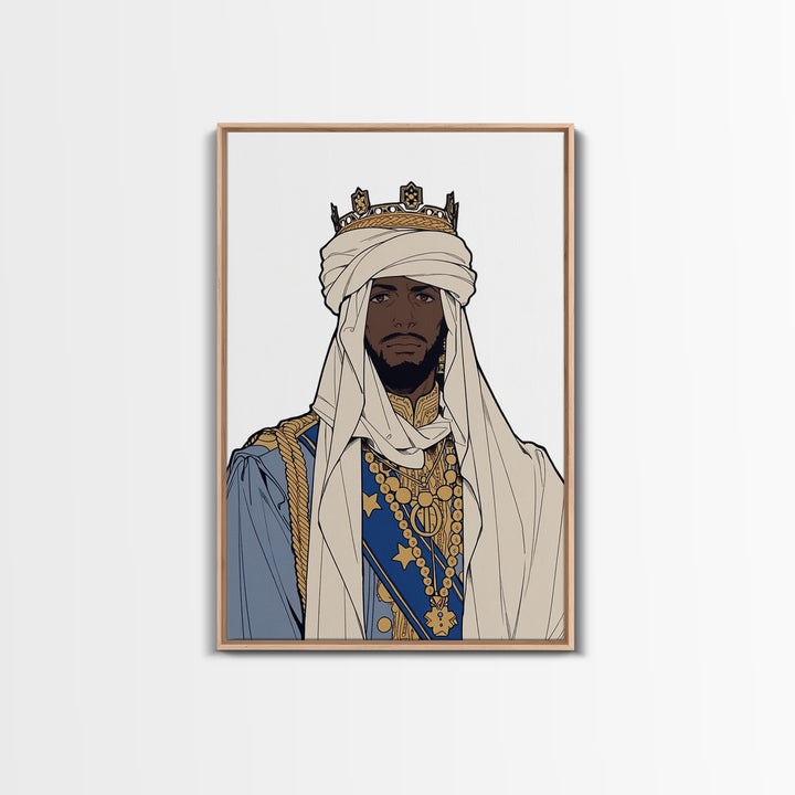Regal African King In White Turban And Blue Robe Canvas Print, Afrocentric Royal Portrait Wall Art, Cultural Home Decor Gift