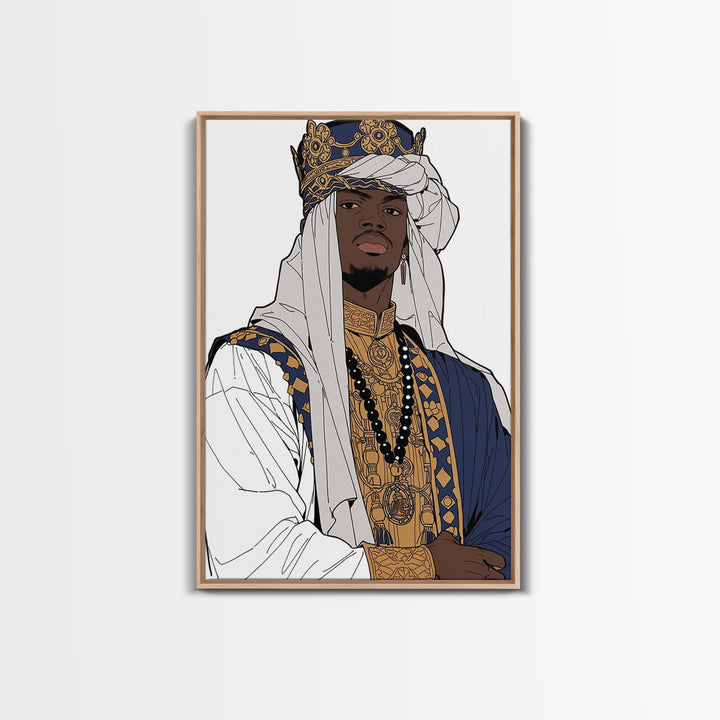 Regal African Prince In Crown White Turban And Blue Robe Framed Canvas Print, Afrocentric Black Royal Portrait Wall Art Decor