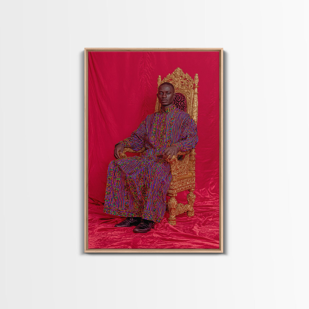 Regal African Man On Gold Throne Wall Art, Royal Black Portrait, Afrocentric Decor, African Fabric, Statement Canvas, Living Room Decor