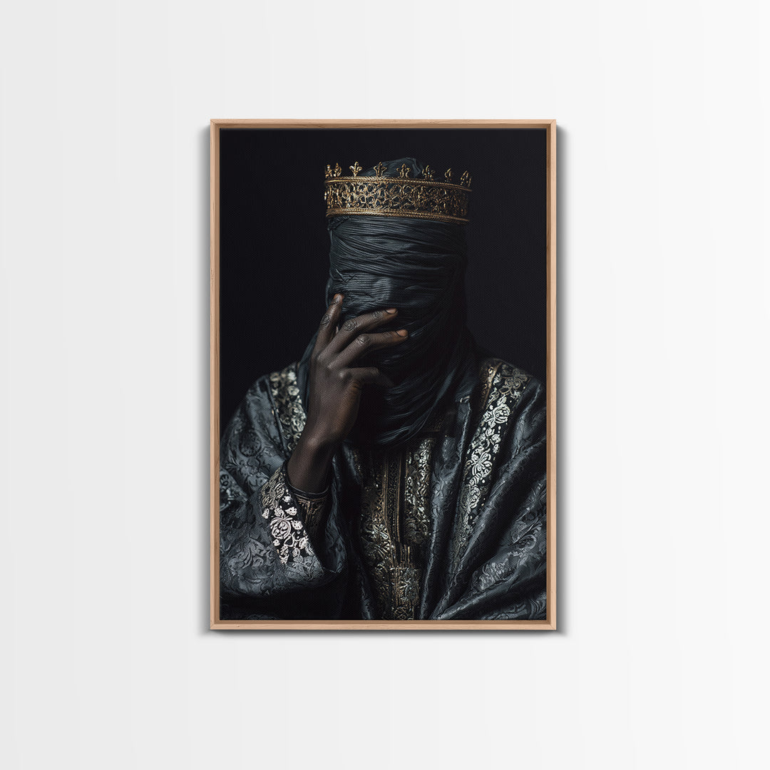 Mystic Crowned African Portrait Wall Art, Black Veiled Figure, Gold Jewelry Canvas, Afrocentric Decor, Luxury Canvas Print