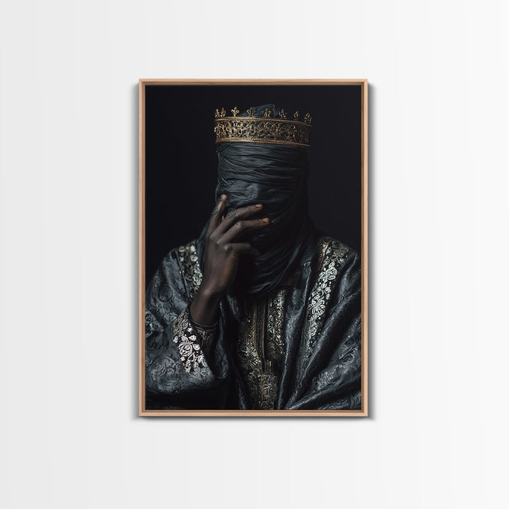 Mystic Crowned African Portrait Wall Art, Black Veiled Figure, Gold Jewelry Canvas, Afrocentric Decor, Luxury Canvas Print