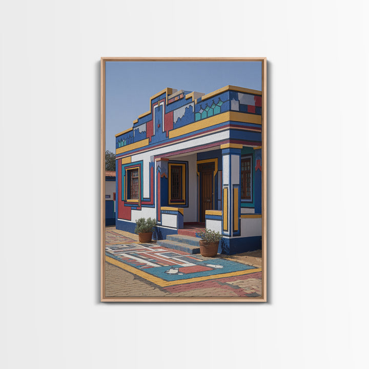 Bright Ndebele Painted Courtyard Framed Canvas Print, African Architecture Wall Art, Geometric Tribal Home Decor Statement Piece