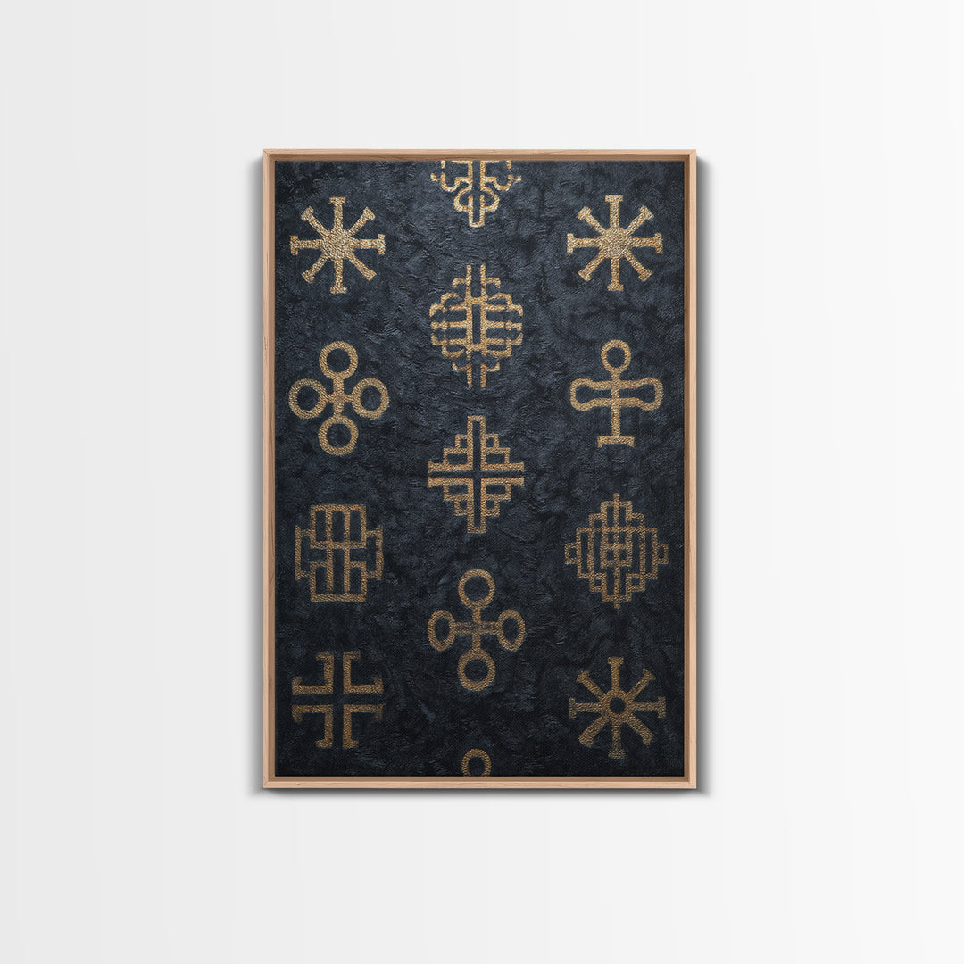 Gold African Adinkra Symbols Wall Art, Black Textured Pattern Print, Tribal Cultural Decor, Afrocentric Home Gift For Office