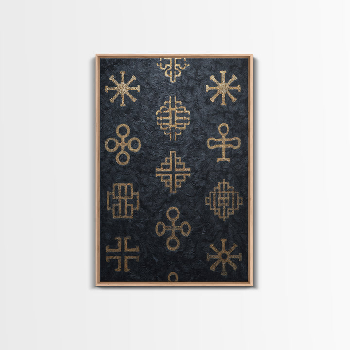 Gold African Adinkra Symbols Wall Art, Black Textured Pattern Print, Tribal Cultural Decor, Afrocentric Home Gift For Office