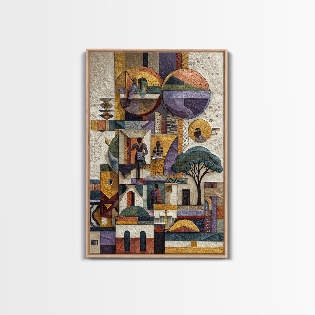 Abstract African Village Collage Canvas Print, Geometric Architecture Wall Art, Textured Cultural Home Decor Gift For Living Room