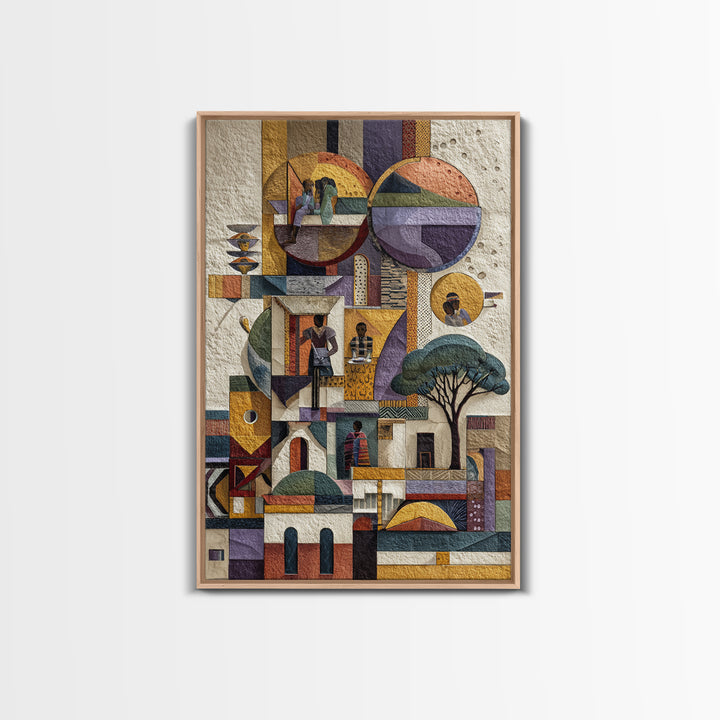 Abstract African Village Collage Canvas Print, Geometric Architecture Wall Art, Textured Cultural Home Decor Gift For Living Room