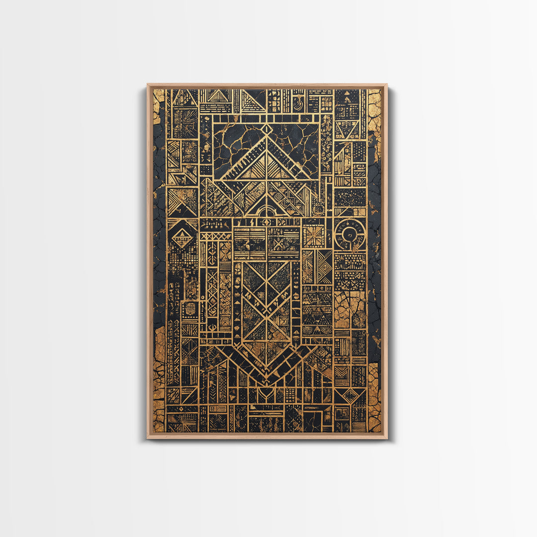 Gold Black Tribal Geometry Canvas Print, African Wall Art, Kuba Pattern Decor, Afrocentric Abstract Home Decor Statement Gift