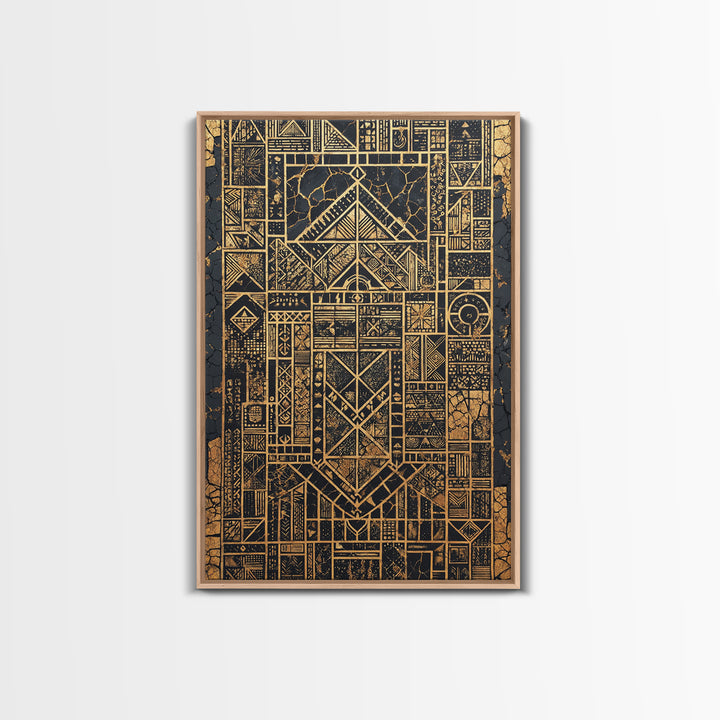 Gold Black Tribal Geometry Canvas Print, African Wall Art, Kuba Pattern Decor, Afrocentric Abstract Home Decor Statement Gift