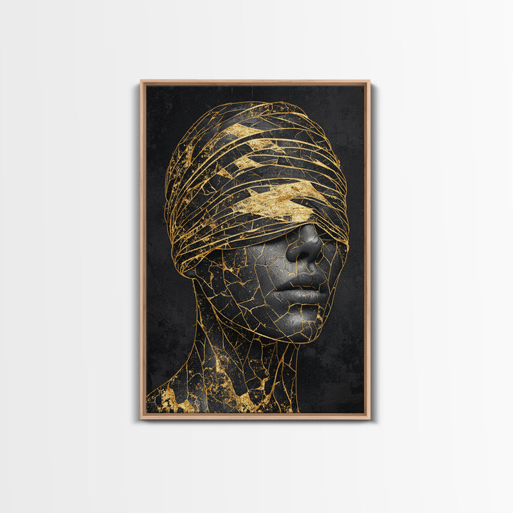 Blindfolded Gold Black Woman Canvas Print, African American Art, Feminine Afrocentric Portrait, Luxury Statement Home Decor