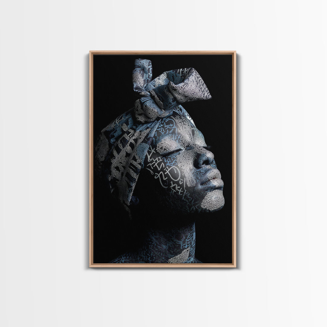 Blue Headwrap Black Woman Framed Canvas Print, African Portrait Art, Afrocentric Wall Decor, Modern Cultural Home Decor Gift