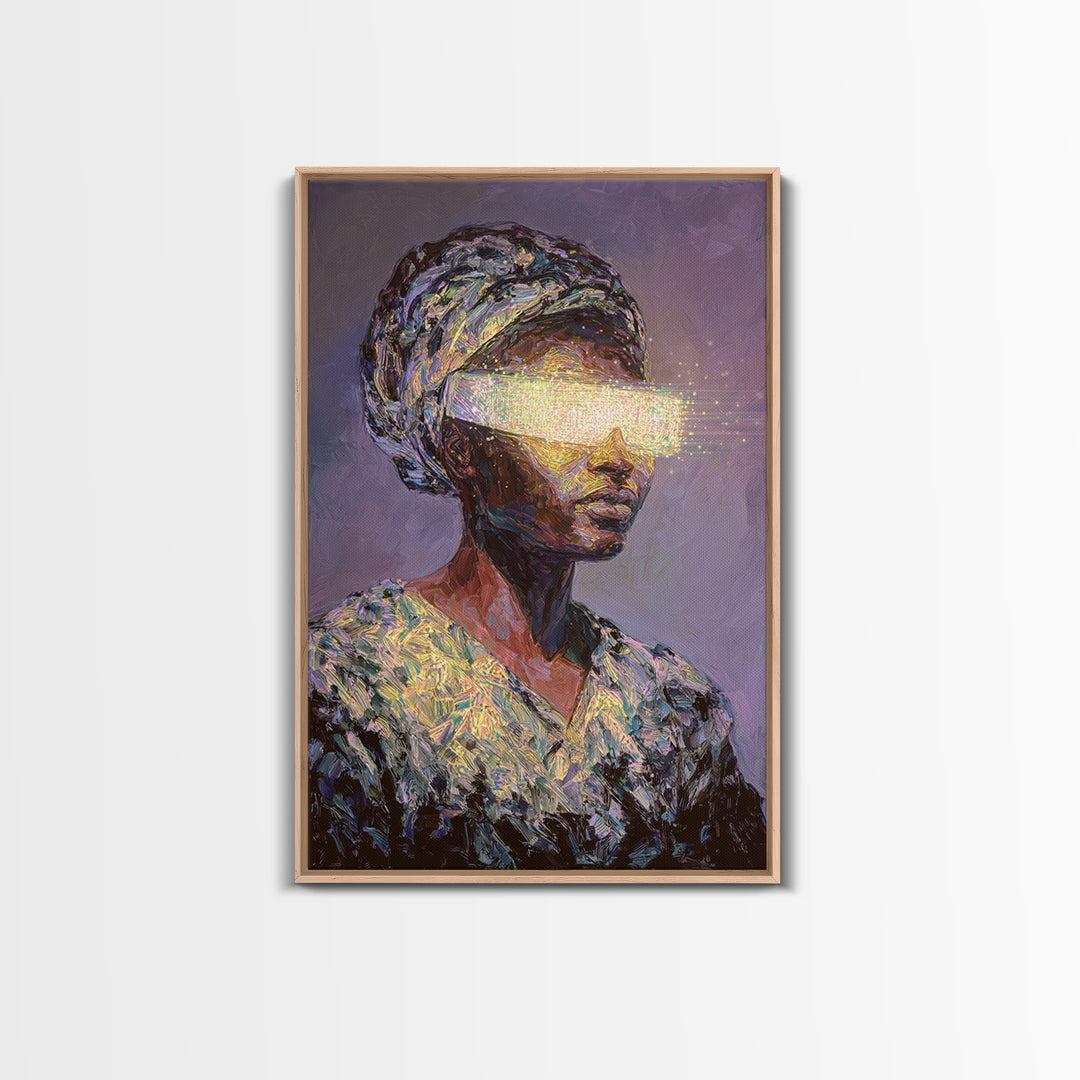 Visionary African Woman Canvas Print, Glowing Eye Light Portrait, Afrocentric Art, Spiritual Wall Decor, Female Power Gift