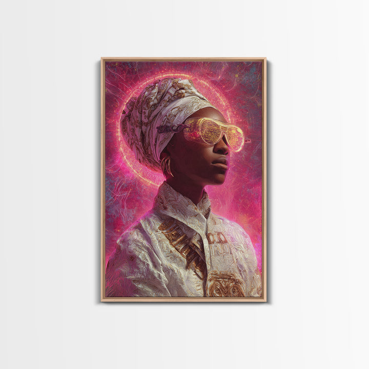 Neon Halo African Queen Wall Art, Sunglasses Headwrap Portrait, Afrofuturism Decor, Black Goddess Vibrant Pink Canvas Print