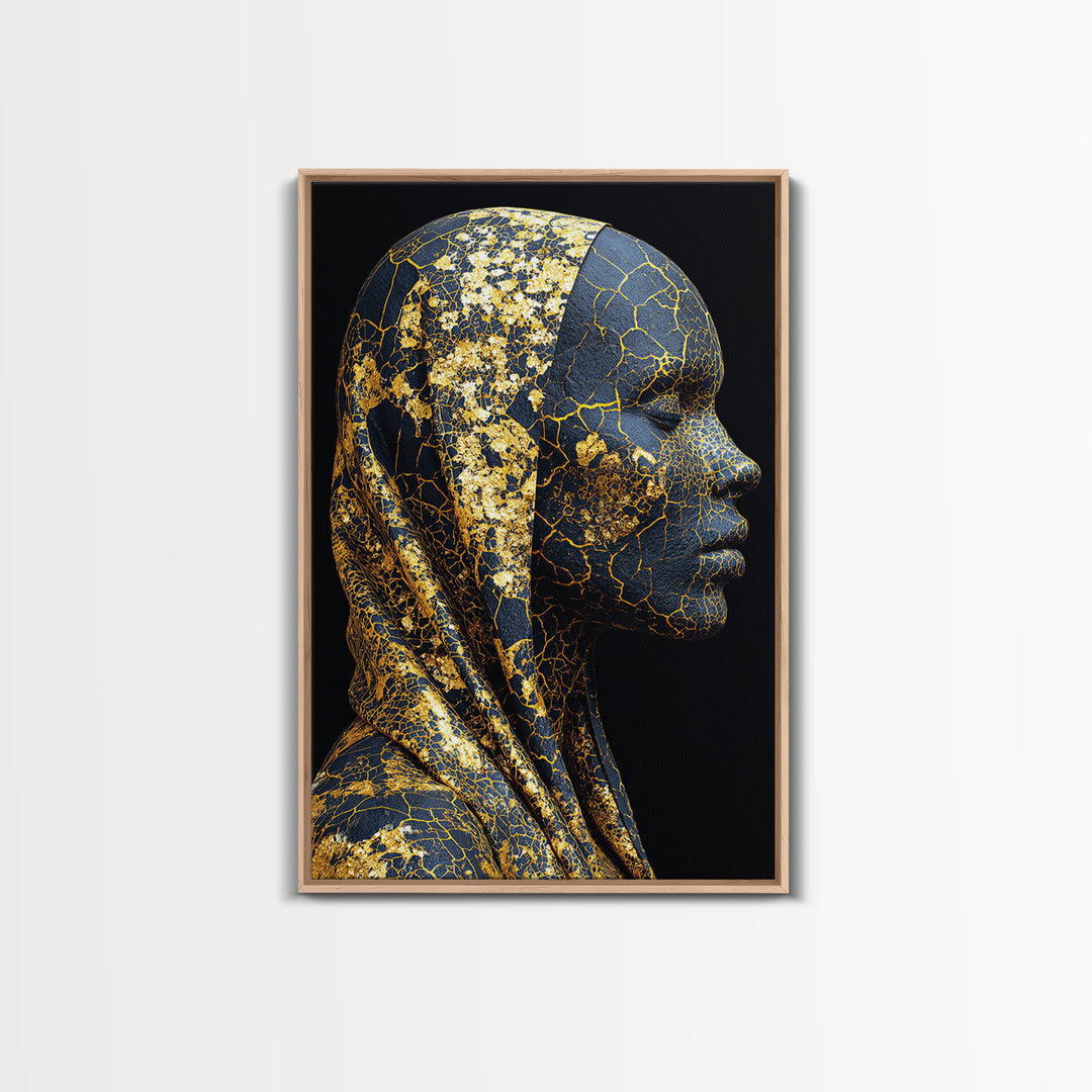 Gold Cracked African Woman Framed Canvas Print, Black Goddess Portrait, Luxury Afrocentric Wall Decor, Modern Statement Home Gift