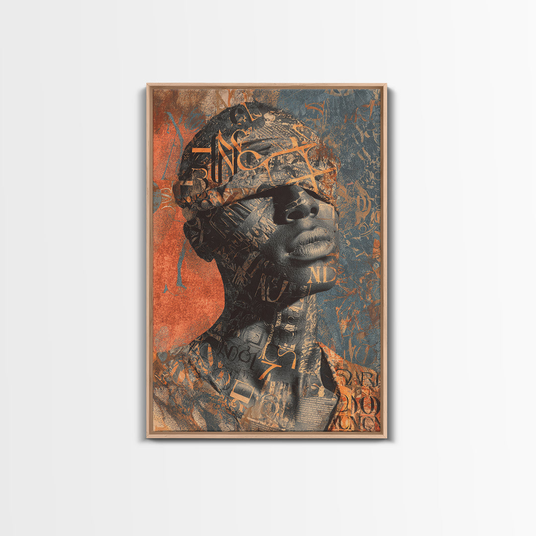 Blindfolded Black Woman Canvas Print, Abstract Typography Portrait, African American Art, Burnt Orange Afrocentric Decor