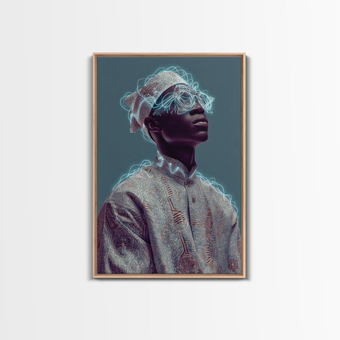 Afrofuturist Black Man Portrait With Neon Headwrap, Canvas Print, Modern African Art, Afrocentric Wall Decor, Black Culture Art
