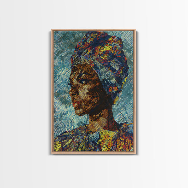 Textured African Woman Portrait In Blue Headwrap, Framed Canvas Print, Contemporary Black Art, Ethnic Wall Decor Gift For Her