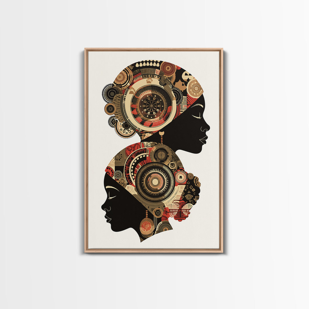 Two African Women Silhouettes With Tribal Circles, Canvas Print, Abstract African Art, Boho Wall Art, Cultural Decor Print