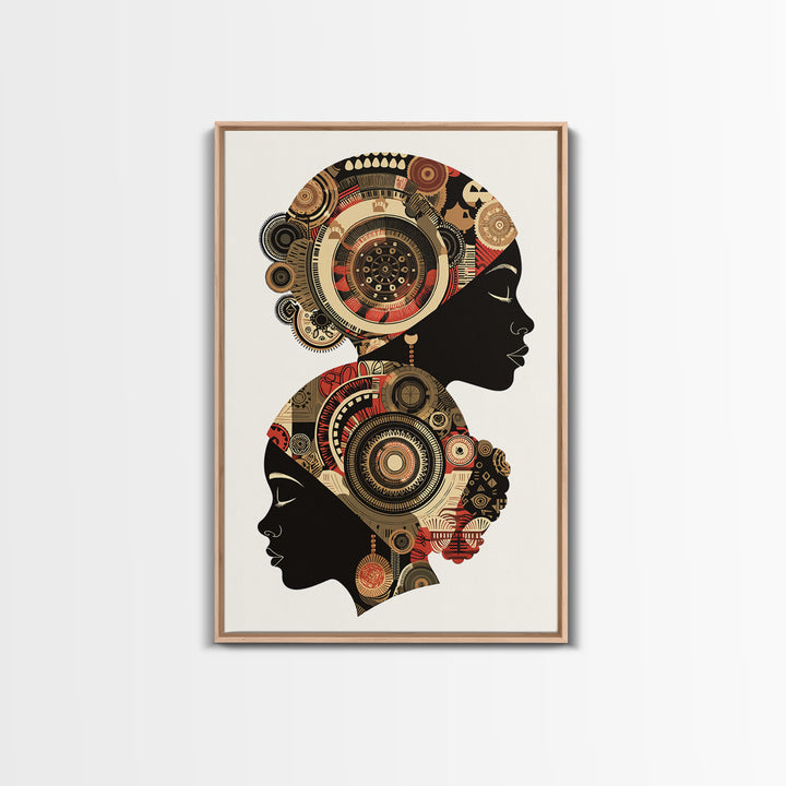 Two African Women Silhouettes With Tribal Circles, Canvas Print, Abstract African Art, Boho Wall Art, Cultural Decor Print