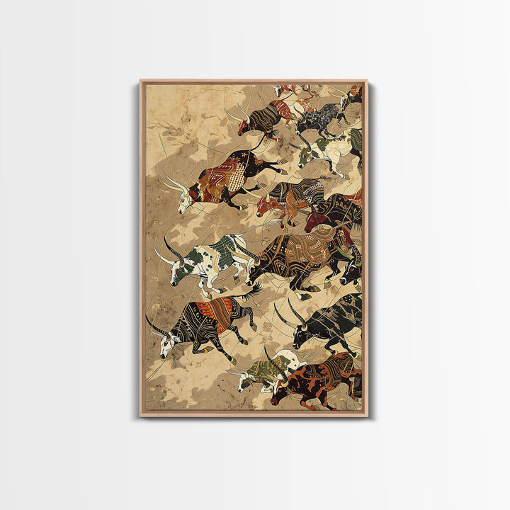 Running African Cattle With Tribal Patterns, Wall Art, Safari Animal Art Print, African Decor, Rustic Farmhouse Canvas Print