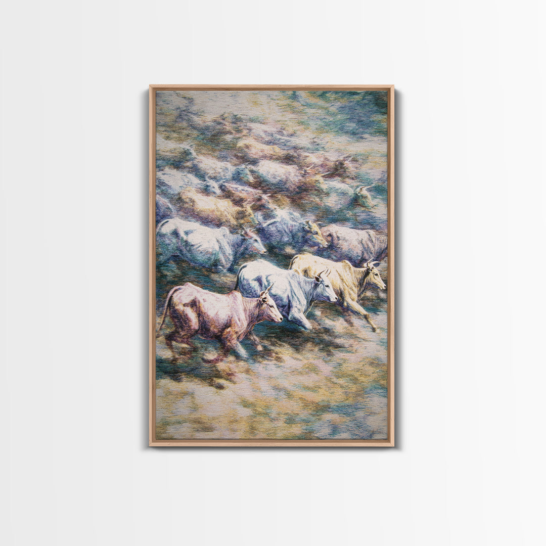 Colorful Running Cattle Herd Across Open Range, Wall Art, African Animal Art, Safari Decor, Textured Painting On Canvas Print
