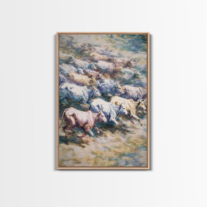 Colorful Running Cattle Herd Across Open Range, Wall Art, African Animal Art, Safari Decor, Textured Painting On Canvas Print