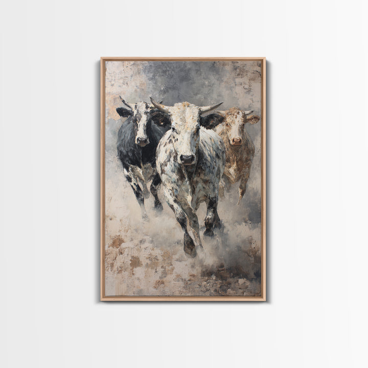 Charging Longhorn Cattle Framed Canvas Print, Western Animal Wall Art, Rustic Farmhouse Decor, Bold Living Room Painting