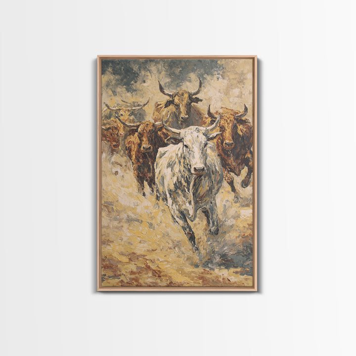 Textured Longhorn Herd Canvas Print, Western Bull Wall Art, Rustic Ranch Decor, Farmhouse Living Room Art, Earth Tone Painting