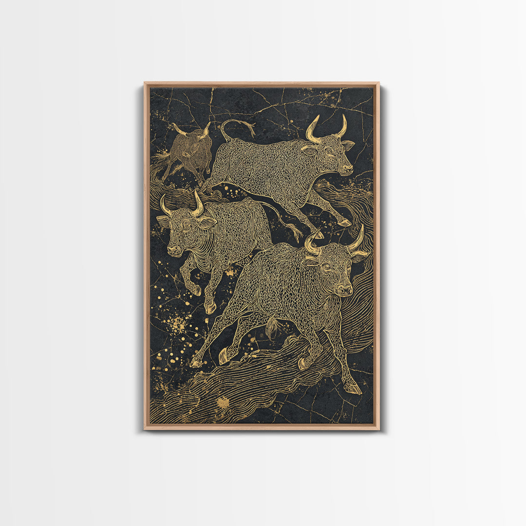 Gold Line Bulls On Black Wall Art, Modern Animal Canvas Print, Luxury Ranch Decor, Masculine Office Art, Bold Statement Piece