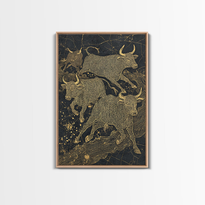 Gold Line Bulls On Black Wall Art, Modern Animal Canvas Print, Luxury Ranch Decor, Masculine Office Art, Bold Statement Piece