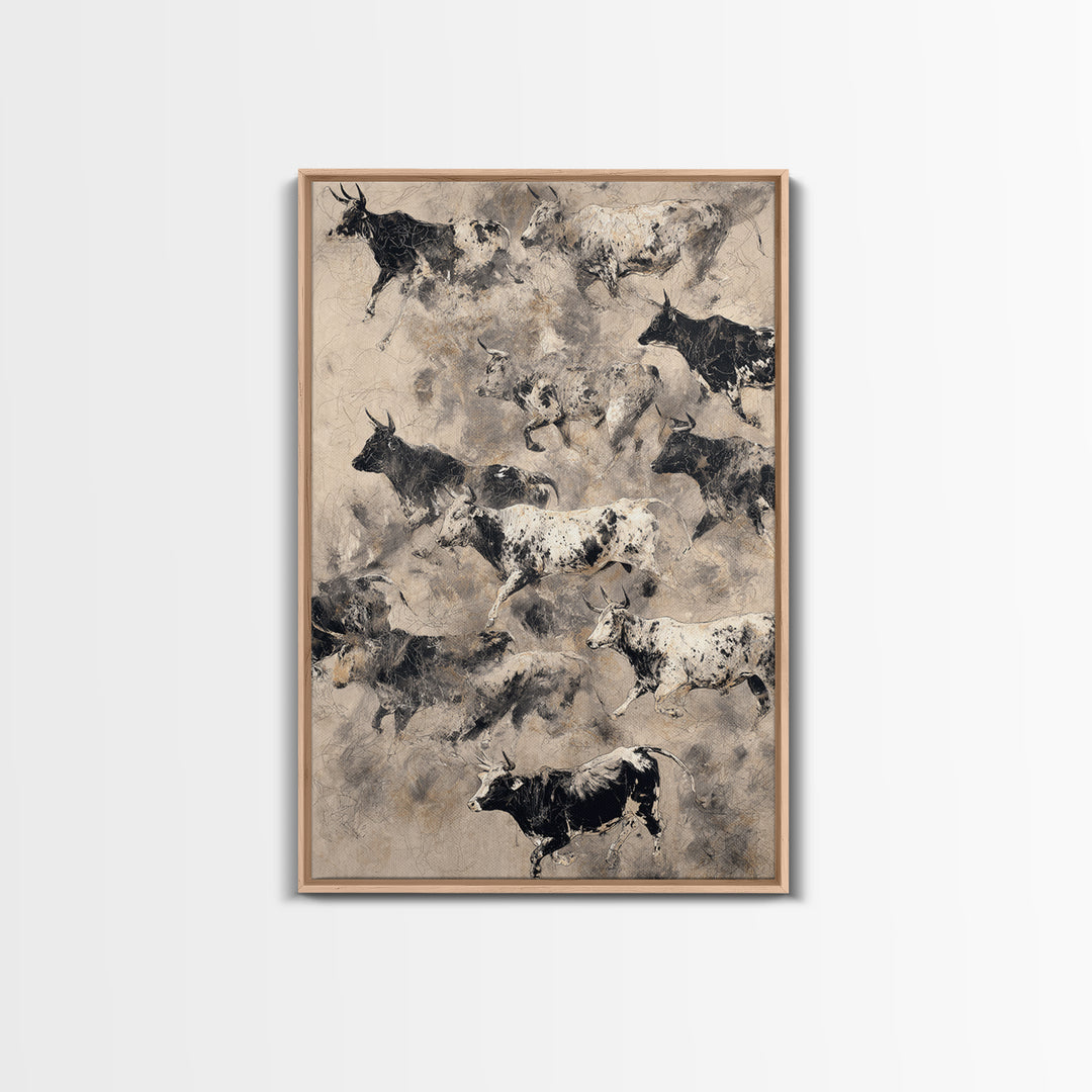 Monochrome Cattle Collage Wall Art, Abstract Animal Canvas Print, Rustic Neutral Decor, Black And White Art, Gallery Poster